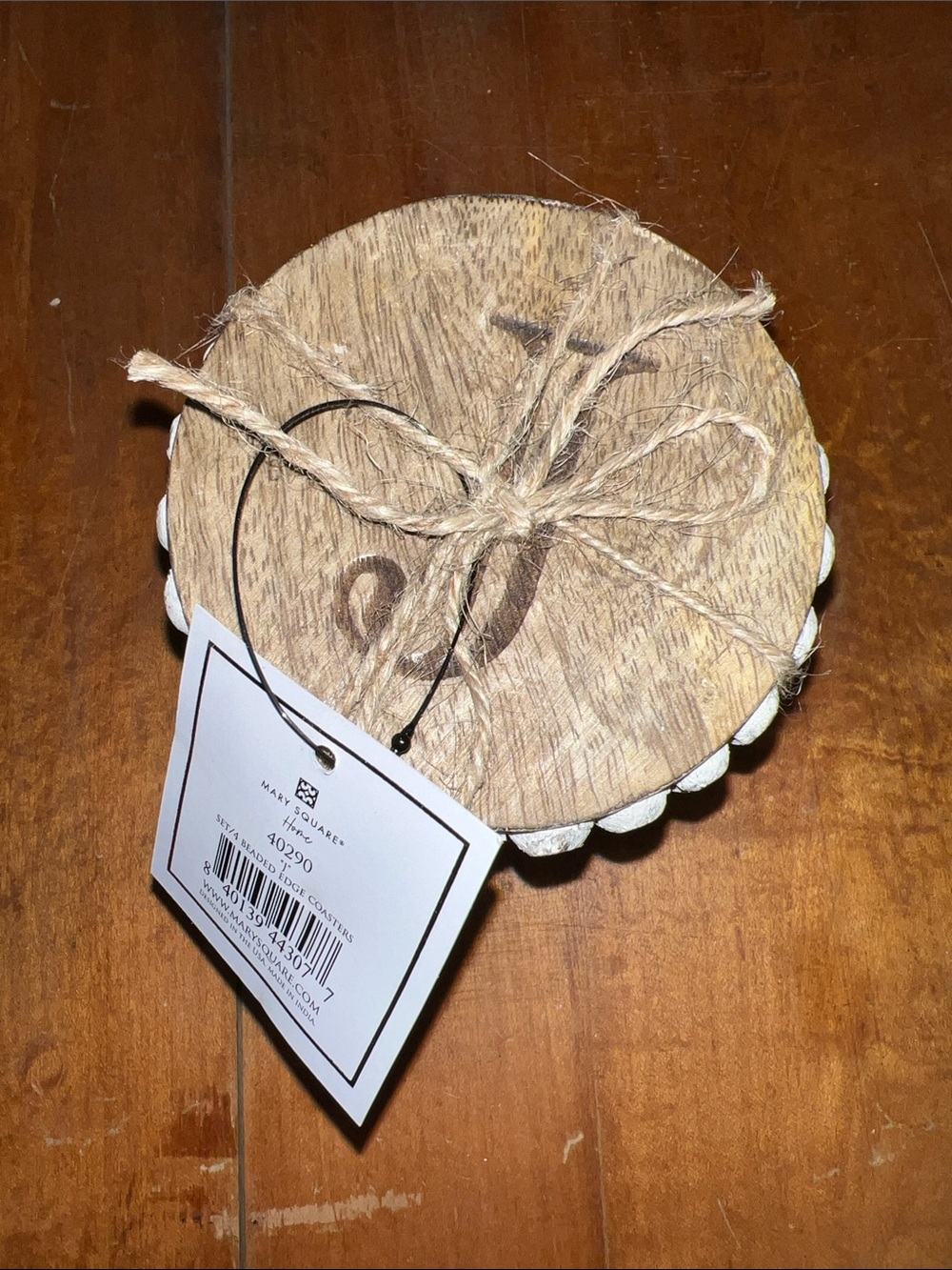Mary Square Wooden Scalloped Coaster Set with Twine Tie - Natural Wood -set of 4